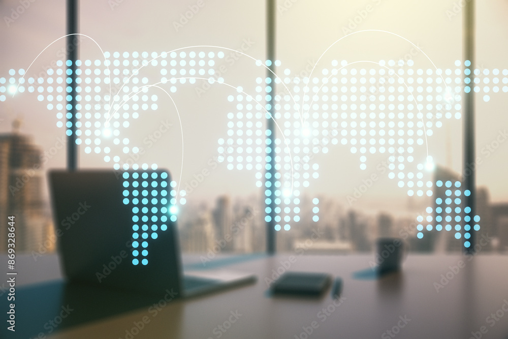 Poster abstract creative world map with connections and modern desktop with computer on background, interna