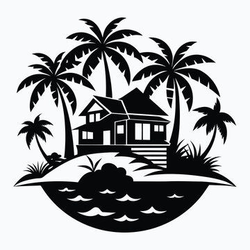 recommend clip art: Beach house silhouette tropical island clipart in black and white
