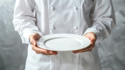 Fototapeta premium ofperson in a longsleeved white shirt presenting a plate, with empty space on the right for message or logo