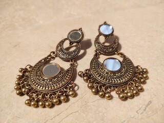 Metal Gold Antique Mirror Work Jhumkay Earrings,Indian Pakistani Antique Jewellery Rounded Metallic Gold Jhumkiyan For Ears Ear Studs,Ethnic Eastern Oranament Mirror Latkan Traditional Earings Jewelry