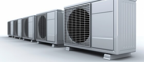 Row of industrial air conditioning units. Silver HVAC systems lined up for commercial cooling. Clean and efficient climate control equipment.