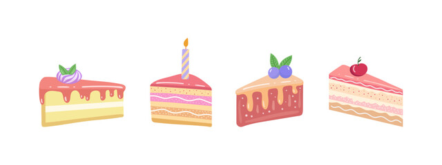 Cake slice pieces  isolated on white background. Vector illustration set  for stickers and postcards