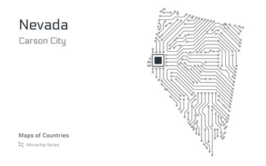 Nevada Map with a capital of Carson City Shown in a Microchip Pattern. Silicon valley, E-government. United States vector maps. Microchip Series