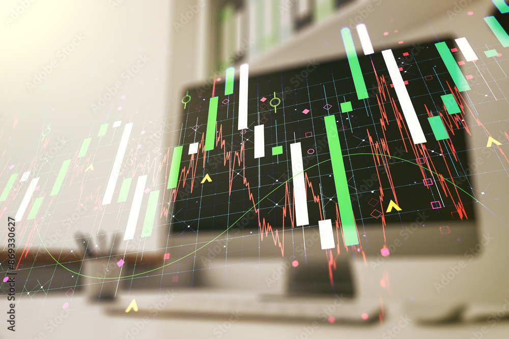 Poster abstract creative financial graph and modern desktop with pc on background, financial and trading co