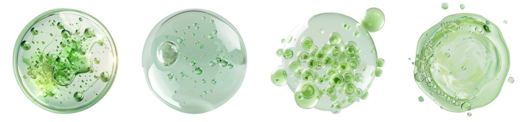 Set of 3D green serum bubble with molecules inside, isolated on white background, png