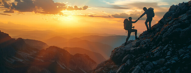 wide horizontal motivation banner with supportive mountain hikers, giving helping hands and pull other to take up 