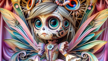 Fotograf&iacute;a hiperrealista personaje caprichoso, insecto estilo steampunk colores pastel, detalles mec&aacute;nicos, marionetas, ilustraci&oacute;n 3D, para ni&ntilde;os, cuento, storybook