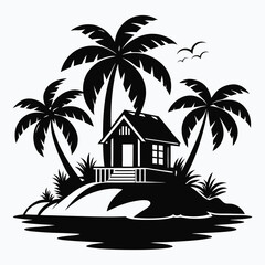 Obraz premium Tropical island clipart black and white beach house silhouette