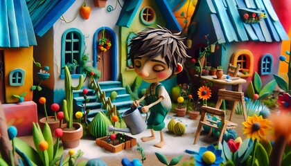 Fototapeta premium Ilustración 3D, fotografía, cuento pastoril, storybook, para niños, fantasía, cuidados, jardinería, jardín, flores, plantas, jardinero, rol playing, juego de roles, niño, niña