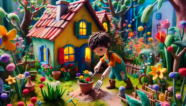 Ilustraci&oacute;n 3D, fotograf&iacute;a, cuento pastoril, storybook, para ni&ntilde;os, fantas&iacute;a, cuidados, jardiner&iacute;a, jard&iacute;n, flores, plantas, jardinero, rol playing, juego de roles, ni&ntilde;o, ni&ntilde;a