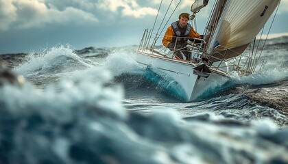 A sailor is focused on maneuvering a sailboat through tumultuous sea waves under an overcast sky