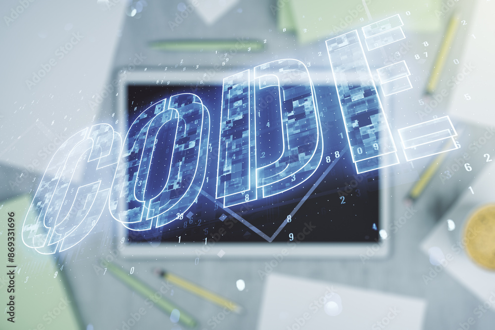 Poster creative code word sign and modern digital tablet on desktop on background, top view, international 