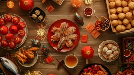 Fototapeta premium Chinese New Year feast with traditional food and decorations.