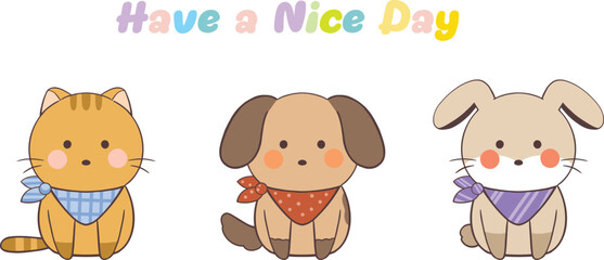 Fototapeta premium animals set cartoon cat with a blue bandana and cartoon dog with bandana on his head and cartoon rabbit with a purple scarf on its head