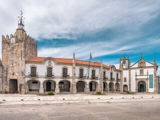 Fototapeta premium Caminha city hall and clock tower, in Minho, Portugal. Caminha, Viana do Castelo district in north of Portugal