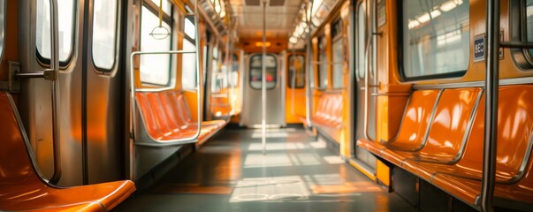 An interior view of a subway car featuring orange seating, with sunlight streaming in through the windows, creating a warm and inviting atmosphere within the commuter space.