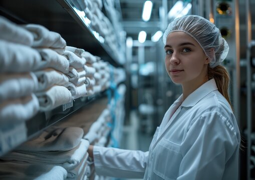 Health inspectors wear lab coats and hairnets. Clean and folded uniforms are being inspected in the laundry room of a food processing plant.