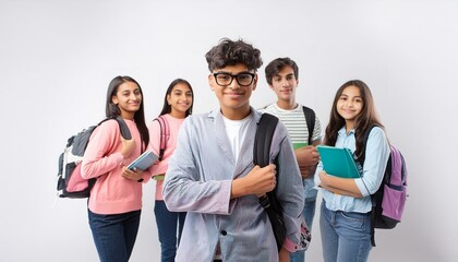Obraz premium Nervous student meeting new classmates. white background.