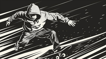 black and white silhouette of a man on a skateboard