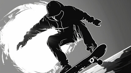 black and white silhouette of a man on a skateboard
