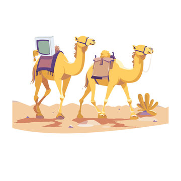 recommend clip art: Two camels walk single file across a vast desert landscape, carrying a large television set on their backs