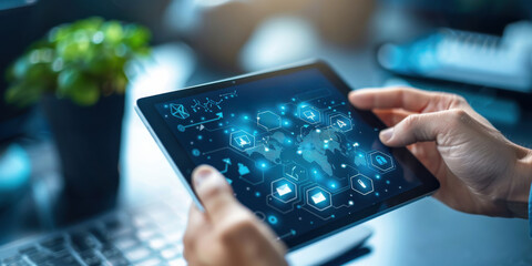 A person is holding a tablet with a window screen on it