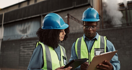 Construction site, clipboard and people on tablet for planning, building inspection and maintenance. Civil engineering, teamwork or man and woman talking for project, infrastructure or manufacturing