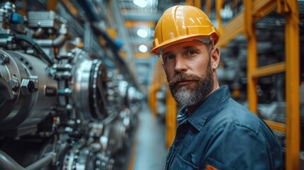 Clean modern factory Caucasian engineer working with high tech machinery