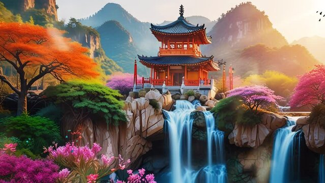 View of Chinese temple on the hill, in a smooth looping background with 4K video animation.