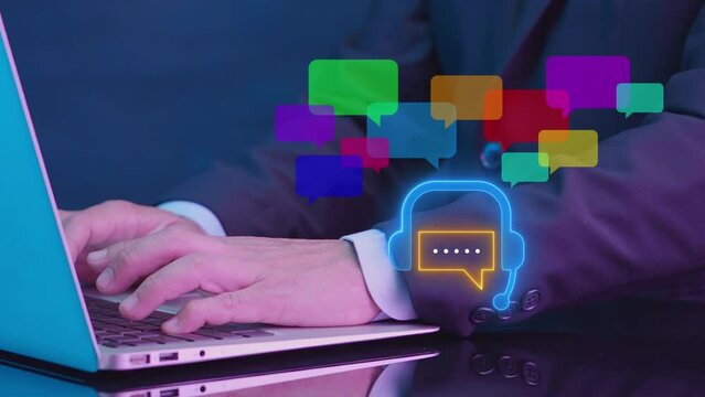 Customer service. Call center landing page. Online support center, assistance. Communication network, Business and technology concept. Businessman shows animated headphone icon with live chat chatting