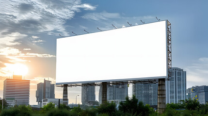 Obraz premium A picture of billboard with white color blank space setting in between building of city. A large big board perfect for advertisement of business to promote product or announcement to public.