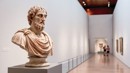 Stoicism concept, sculpture of a stoic, representing philosophy, ancient greek god statue. philosopher, stands poised on a pedestal within a museum exhibit