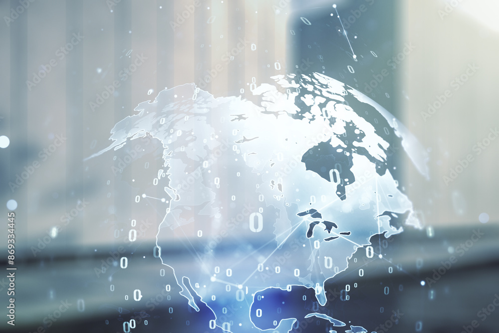Aufkleber multi exposure of abstract software development hologram and world map on modern business center ext