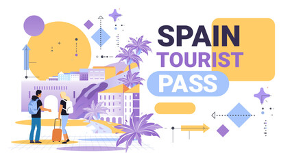 Travelers with luggage exploring colorful cityscape with palm trees and modern buildings abstract geometric shapes travel concept