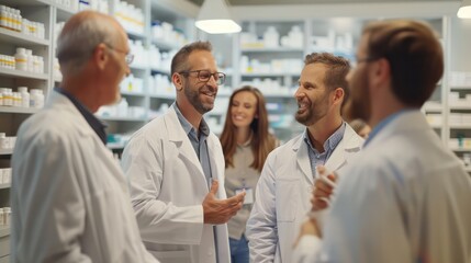 A group of pharmacists wearing white coats talked and exchanged knowledge.
