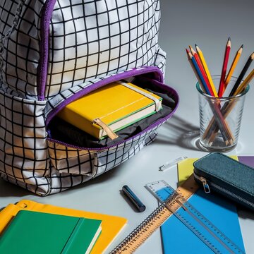 Mochila abierta con l&aacute;pices y libretas