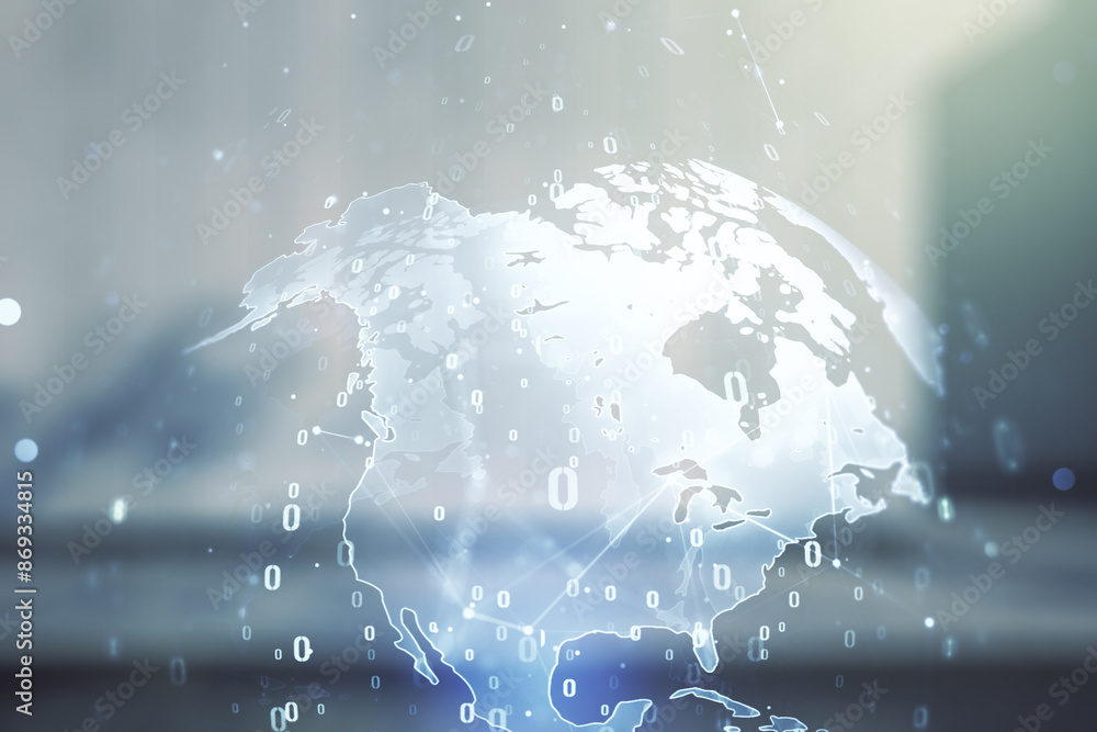 Poster multi exposure of abstract programming language hologram and world map on contemporary business cent