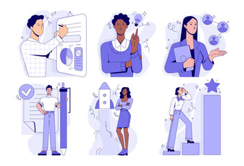 Business activity. Set of scenes with entrepreneurs launching startup, generating new creative ideas, planning strategy for growth and success. Flat vector illustrations isolated on white background