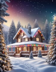 Fototapeta premium a festive Christmas abstract landscape background with snow-covered pine trees, twinkling holiday lights, and a cozy, warmly lit cabin in the distance