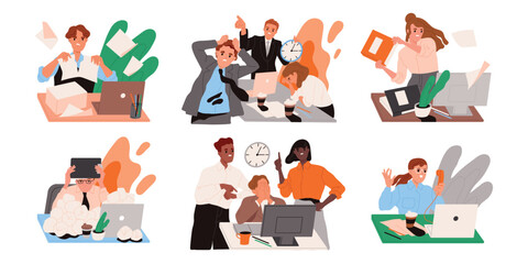 Set of busy people in stress. Overloaded office workers with emotional burnout and fatigue at work. Anxious employees with deadlines. Flat vector illustration collection isolated on white background