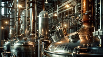 Detailed close-up of a distillery with stainless steel distillation equipment, spotlights.