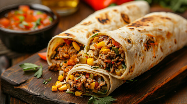 Close-up of a tasty looking Mexican burito on a wooden plate with restaurant serve