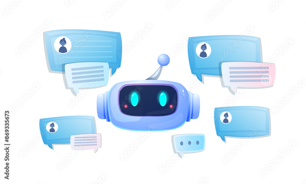 Poster virtual assistant. artificial intelligence or robot communicates with users and answers customer que