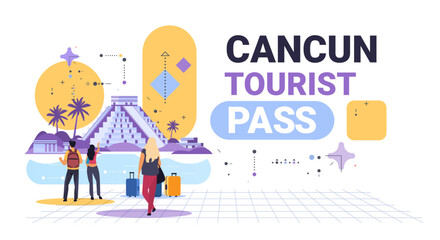 Tourists exploring ancient pyramid tropical landscape modern abstract design colorful elements travel theme