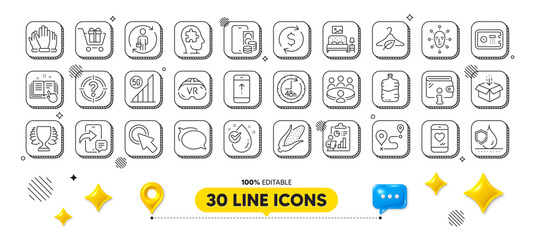 Face biometrics, Cooler bottle and Corn line icons pack. 3d design elements. Mental conundrum, Water drop, Get box web icon. Dollar exchange, Winner, Journey pictogram. Vector