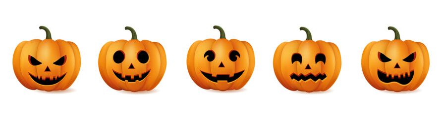 Set of Halloween Pumpkins with Different Expressions for icons and decorations isolated in white background. Vector illustration