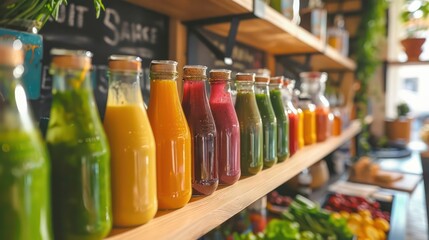 Colorful organic smoothies and fresh juices Colorful fruits and vegetables visible in glass jars on the counter.