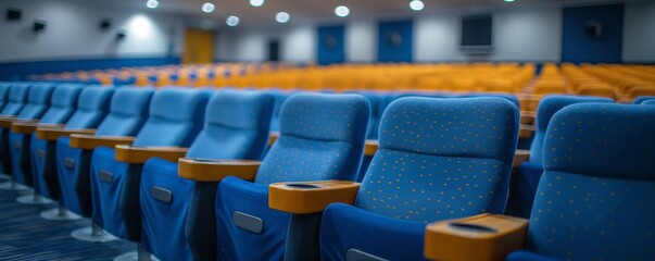 Fototapeta premium Modern movie theater with rows of blue and yellow seats, signifying a comfortable and vibrant setting for an enjoyable viewing experience.