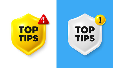 Top tips tag. Shield 3d banner with text box. Education faq sign. Best help assistance. Top tips chat protect message. Shield speech bubble banner. Danger alert icon. Vector