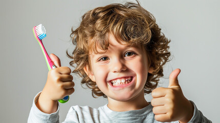 A young boy is holding a toothbrush and smiling. He is giving a thumbs up gesture, indicating that he is happy and proud of his dental hygiene
